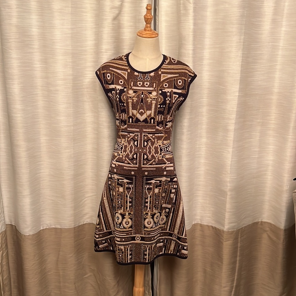 Mary Katrantzou Navy & Gold Metallic Knitted Short Sleeve Dress